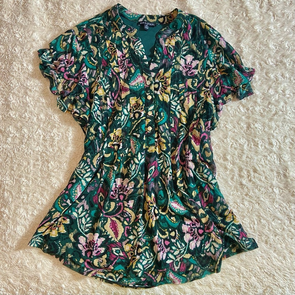 Ava & Grace Multicolor Paisley & Floral Lightweight Mesh Short Sleeve M Medium